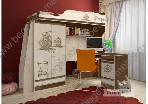 Детская кровать чердак Пираты с нишей и письменный стол