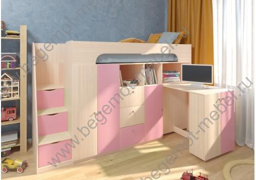 Кровать чердак для девочек Астра 11, корпус дуб молочный / фасад розовый