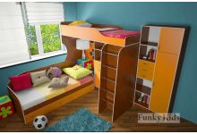 Кровать чердак Фанки Кидз 7 + стеллаж + кровать нижняя орех/оранж
