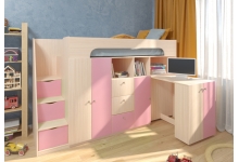Кровать чердак для девочек Астра 11, корпус дуб молочный / фасад розовый