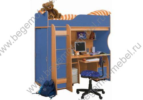 Кровать чердак - детская мебель Мишутка (вишня/синий) со столом СК-02.