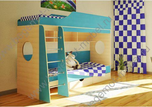 Кровать двухъярусная  Орбита-5 (Дуб кремона /голуб.) - мебель для двоих детей 190х80