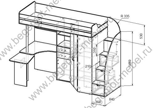 Схема наполнения шкафа кровати Фанки Кидз 1 Гранд