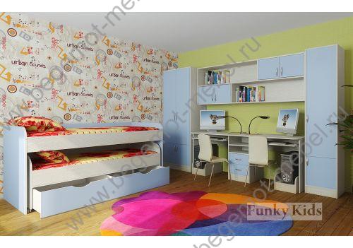 Двухъярусная детская кровать Фанки Кидз 8 с выдвижным спальным местом и мебельные модули