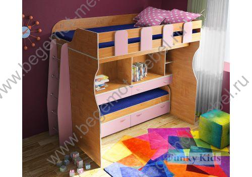 Кровать для двоих детей Фанки Кидз 19 сосна лоредо/розовый