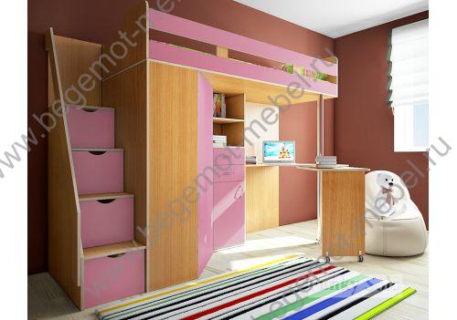 Детская кровать-чердак Фанки Соло 1, бук / розовый 