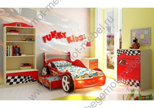 Кровать в виде машины Молния Фанки красная с детской мебелью Авто