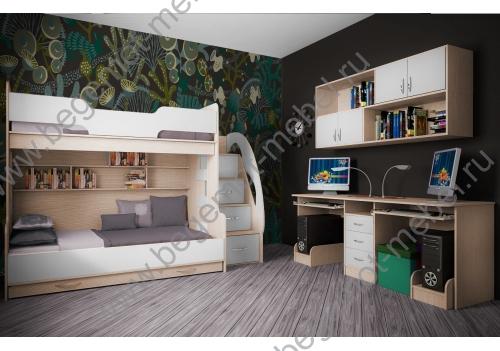 Комплект двухъярусная детская кровать Фанки Кидз 21 со столом 13/51СВ и подвесным мостом 13/55СВ