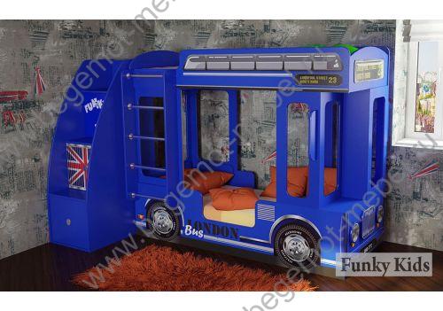 Двухъярусная кровать Автобус Лондон с тумбой. Цвет - синий