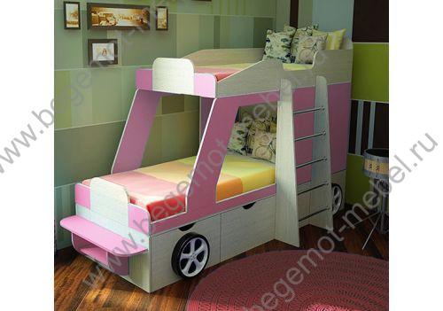 Кровать для двух детей с выдвижными ящиками и  шкафом для девочек