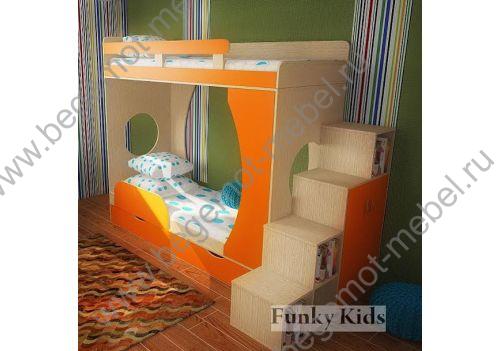 Кровать двухъярусная Фанки  Кидз 2 с тумбой-лестницей, дуб кремона / оранжевый