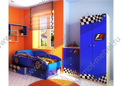Кровать-машина на подиуме Тесла, комод Фанки авто ФА-К1, шкаф двухдверный ФА-Ш3 
