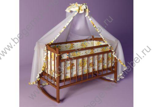 Кровать для новорожденных Фанки Литл (качалка + колеса) + комплект постельного белья, цвет темный орех