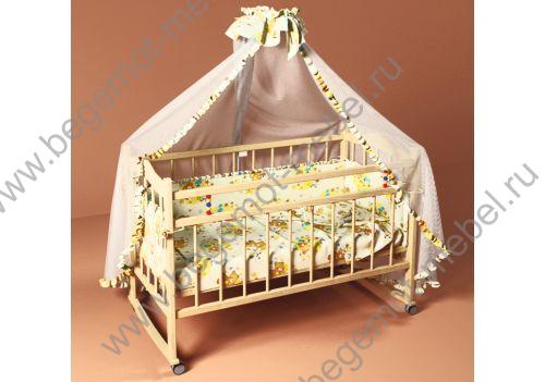 Детская кровать качалка Фанки Литл с колесами + матрац + комплект текстиля из 7 предметов, цвет натуральный