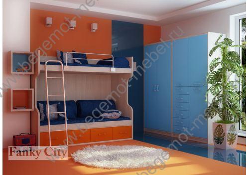 модульная мебель Фанки Сити двухъярусная кровать + шкафы и пиналы; мебель Фанки  от группы компаний Азбука Мебели, мебель в детскую с толстып ДСП