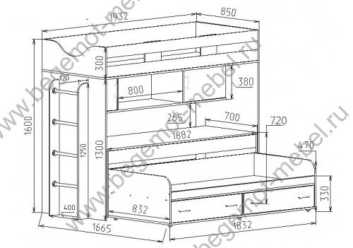 Схема с размерами кровати чердака Фанки Кидз 22 + кровать низкая 13/53СВ