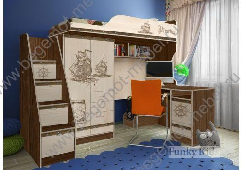 Детская кровать чердак серии Пираты с лестницей-комодом и столом