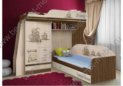 Детская кровать-чердак Фанки Кидз ПР-4/1 + низкая одноярусная кровать Фанки Кидз Пираты ПР-01 
