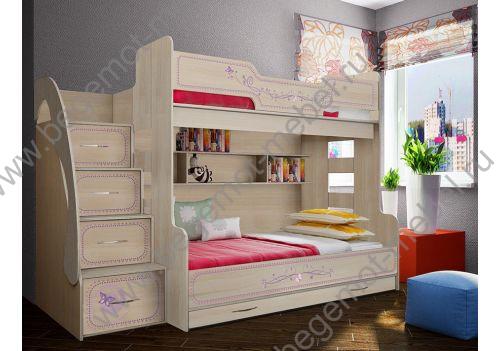 Двухъярусная кровать Фанки Кидз Лилак для девочек с дополнительный выкатным спальным местом