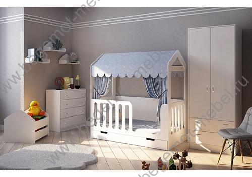 Кровать Домик Сказка и мебель в белом цвете