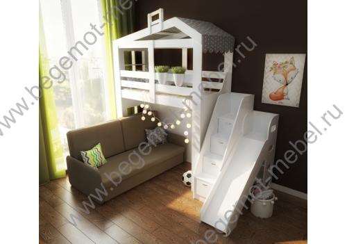 Комплект в детскую с кроватью-домиком с нишей, горкой, лестницей и диваном