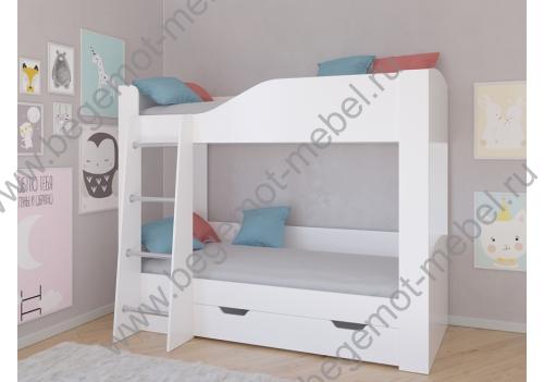 Двухъярусная кровать Астра 2 с выкатным ящиком в белом цвете