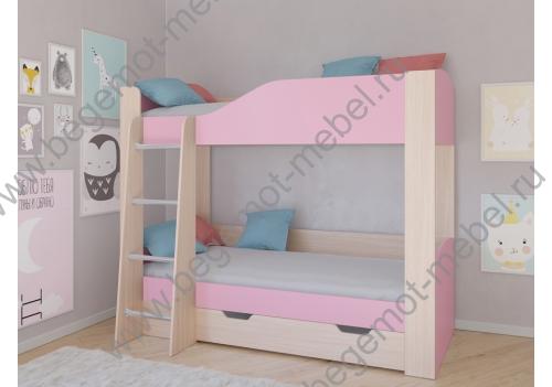 Кровать для двоих детей Астра 2, корпус дуб молочный / фасад розовый