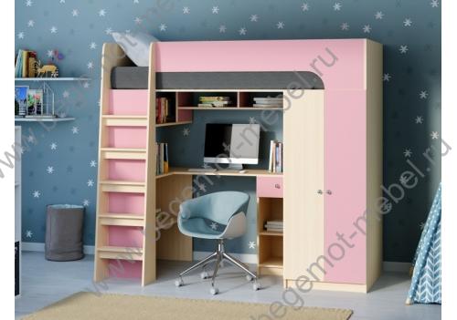 Кровать-чердак для девочек Астра 10, корпус дуб молочный / фасад розовый