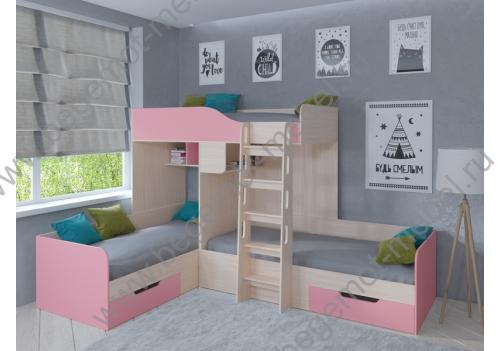 Кровать для троих детей Трио - розовый фасад, корпус Дуб Молочный