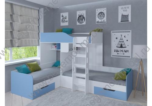 Кровать для трех мальчиков Трио, корпус белый / фасад голубой