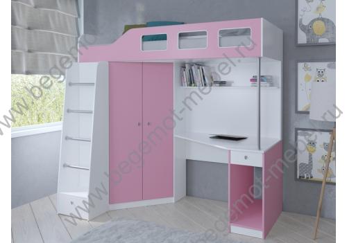 Кровать чердак Астра 7, корпус белый / фасад розовый