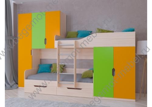 Двухъярусная кровать ЛЕО, корпус дуб молочный/ фасад оранжевый, салатовый