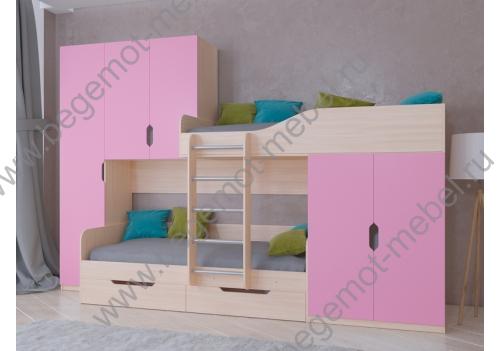 Кровать для двух девочек ЛЕО, корпус дуб молочный / фасад розовый
