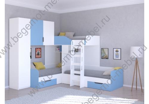 Кровать Трио 1 для мальчиков: цвет Белый / Голубой