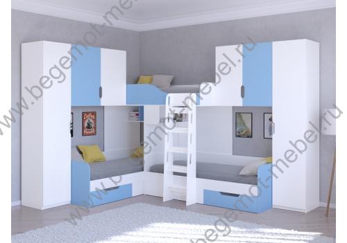 Кровать Трио 3 для мальчиков: цвет Белый / Голубой