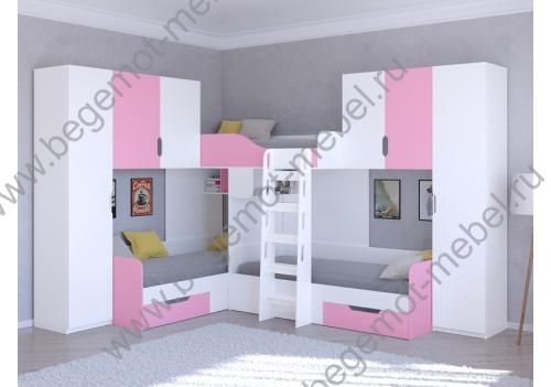 Кровать для троих детей Трио 3 - Розовый фасад, корпус Белый