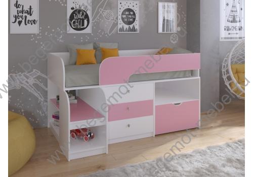 Кровать чердак для девочек Астра 9 V5 корпус белый / фасад розовый 