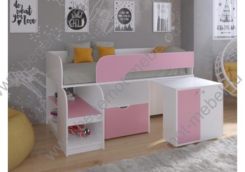 Кровать чердак  для девочек со столом Астра 9 V9 корпус белый / фасад розовый