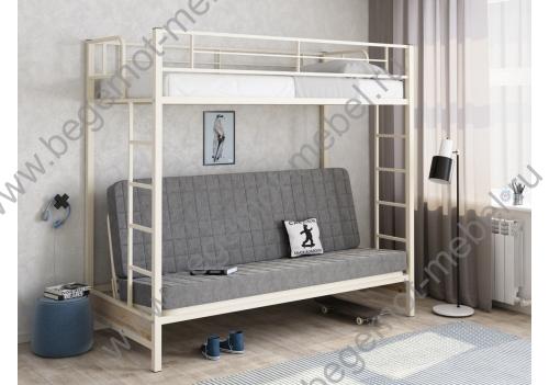 Металлическая двухъярусная кровать с диваном Мадлен Слоновая кость/Серый