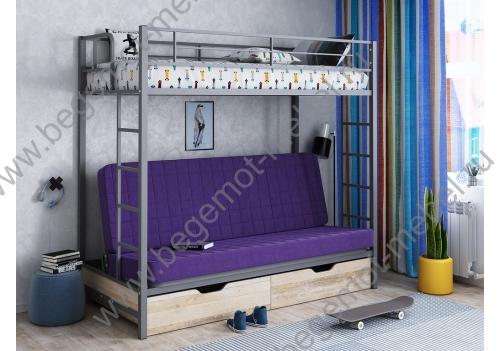 Двухъярусная кровать с диваном и двумя ящиками Мадлен Серый/Фиолетовый/Дуб Айленд