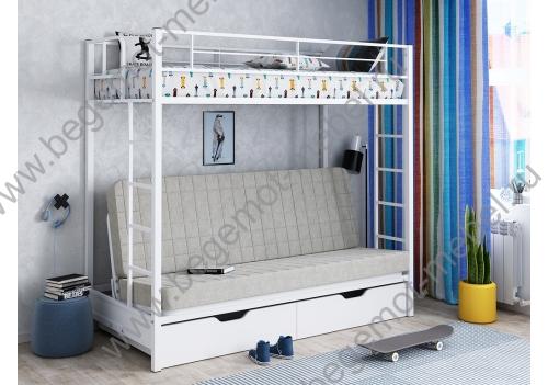 Двухъярусная кровать с диваном и двумя ящиками Мадлен Белый/Фиолетовый/Белый