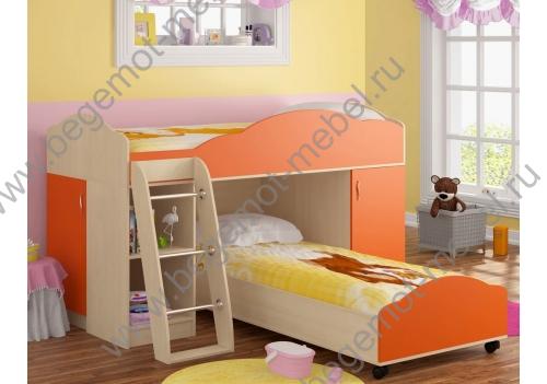 Невысокая двухъярусная кровать Дюймовочка 5.1 Дуб молочный/Оранжевый