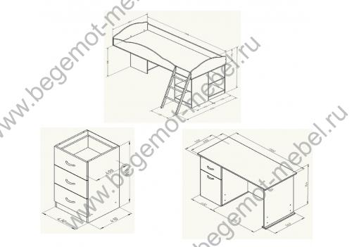 Кровать чердак со столом Дюймовочка 5.3 Схема с размерами