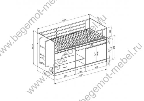 Кровать чердак с выдвижным столом Дюймовочка 6 схема с размерами