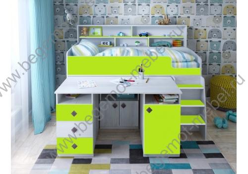 Кровать-чердак Малыш 5 с выкатным столом, цвет винтерберг / лайм