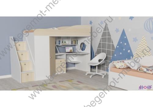 Кровать чердак Кадет 1 со столом и тумбой-лестницей, белое дерево / дуб молочный 