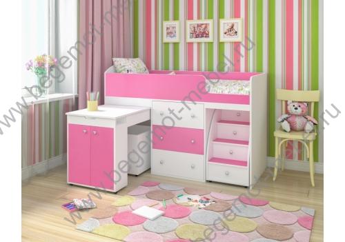 Детская кровать-чердак Малыш для девочек, белое дерево / розовый