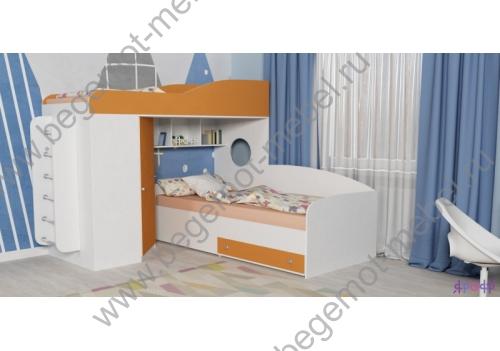 Кровать для двоих детей Кадет 2 с лестницей, белое дерево / оранжевый