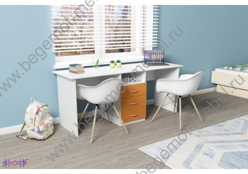 Письменный стол для двоих детей, цвет: белое дерево / оранжевый
