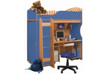 Кровать чердак - детская мебель Мишутка (вишня/синий) со столом СК-02.
